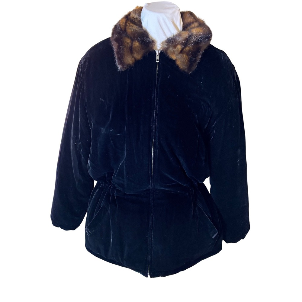 Y2K Ralph Lauren Black Velvet Jacket Faux Fur Collar Quilted Lined Coat